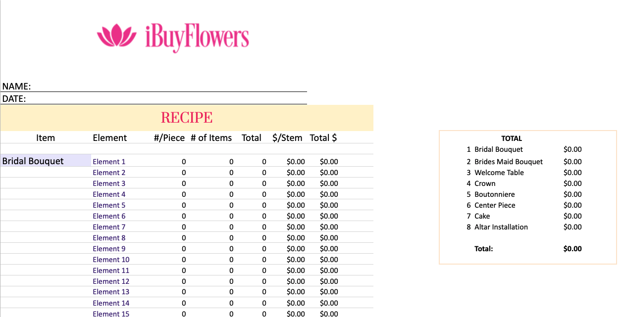 pricing & receipt sheet