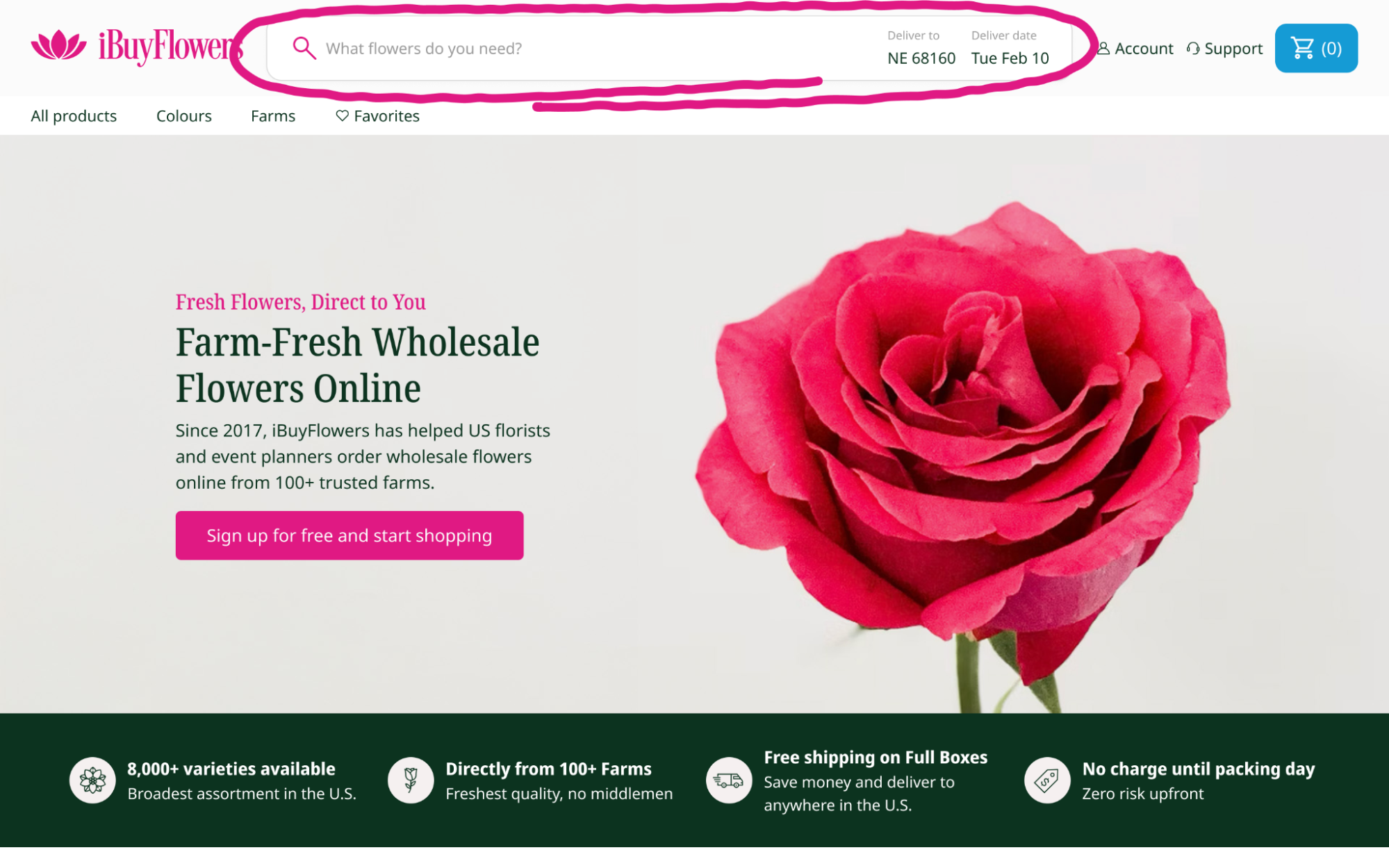 Delivery date selector in the search bar